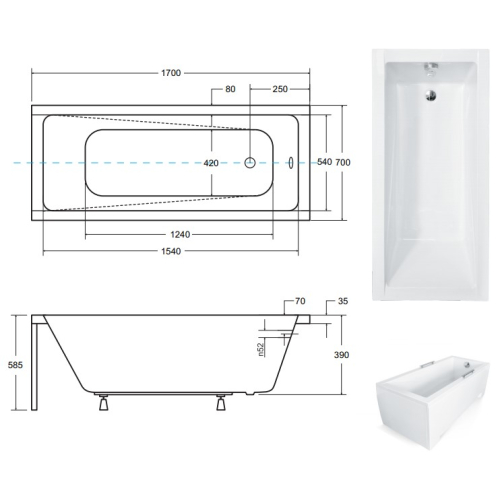 Ванна акрилова прямокутна BESCO Modern 170х70 см 00000011025