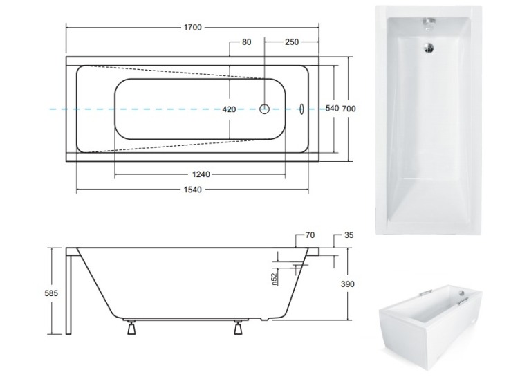 Ванна акрилова прямокутна BESCO Modern 170х70 см 00000011025