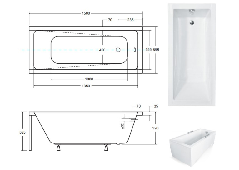 Ванна акрилова прямокутна BESCO Modern 150х70 см 00000011103