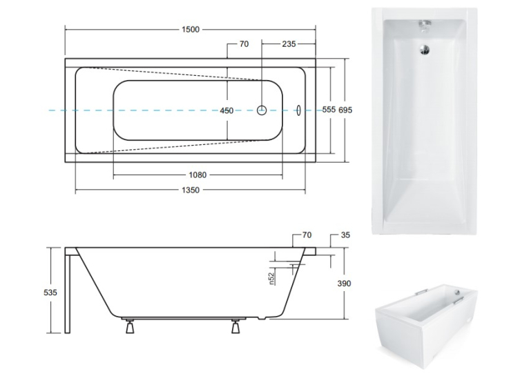 Ванна акрилова прямокутна BESCO Modern 150х70 см 00000011103