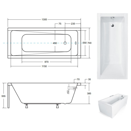 Ванна акрилова прямокутна BESCO Modern 130х70 см 00000011309
