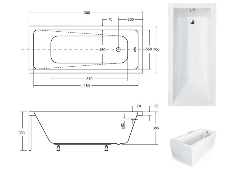 Ванна акрилова прямокутна BESCO Modern 130х70 см 00000011309