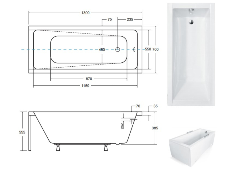 Ванна акрилова прямокутна BESCO Modern 130х70 см 00000011309