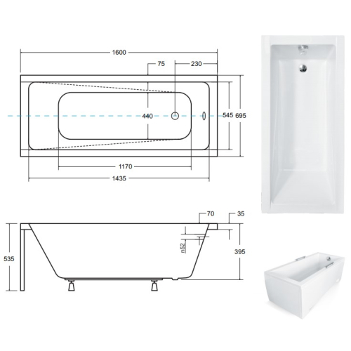 Ванна акрилова прямокутна BESCO Modern 160х70 см 00000012984