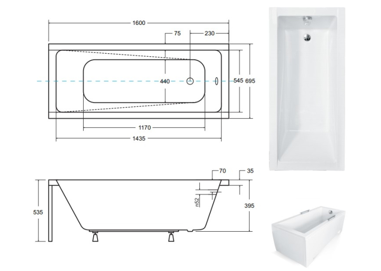 Ванна акрилова прямокутна BESCO Modern 160х70 см 00000012984