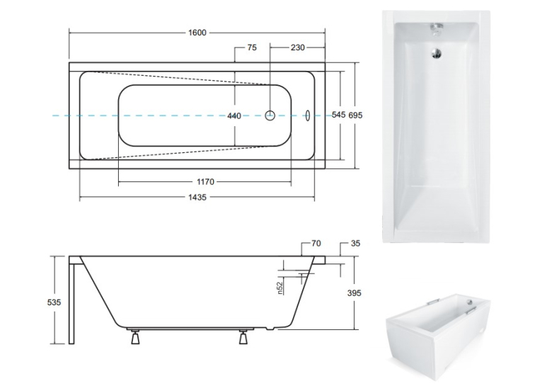 Ванна акрилова прямокутна BESCO Modern 160х70 см 00000012984