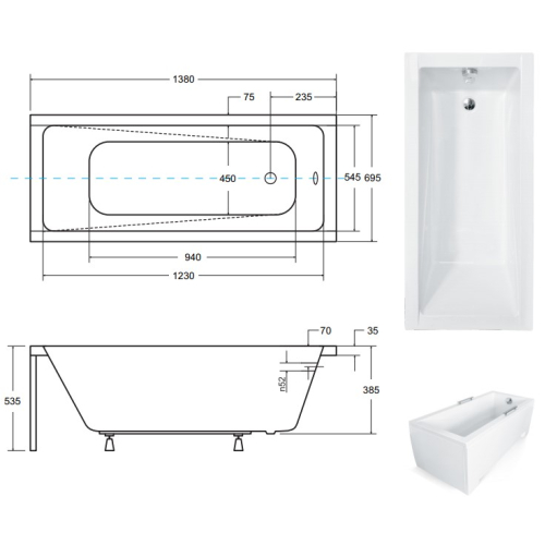 Ванна акрилова прямокутна BESCO Modern 140х70 см 00000013690