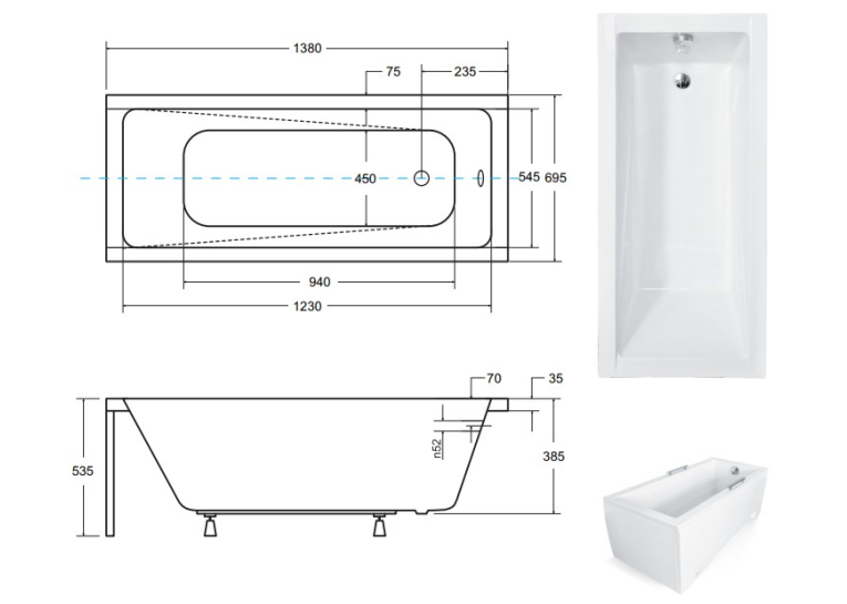 Ванна акрилова прямокутна BESCO Modern 140х70 см 00000013690