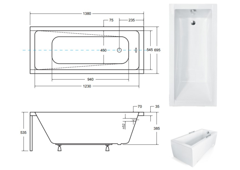 Ванна акрилова прямокутна BESCO Modern 140х70 см 00000013690