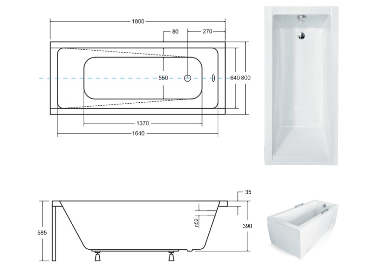 Ванна акрилова прямокутна BESCO Modern 180х80 см