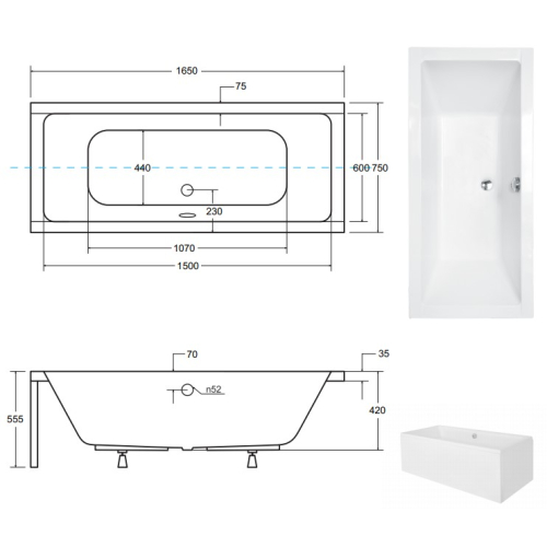 Ванна акрилова прямокутна BESCO QUADRO 165х75 см 00000011330