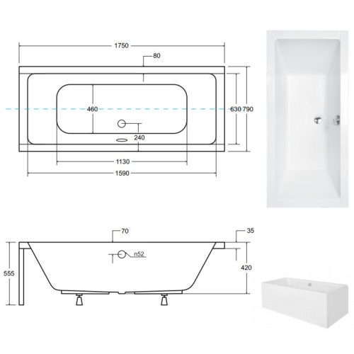 Ванна акрилова прямокутна BESCO QUADRO 175х80 см 00000011333