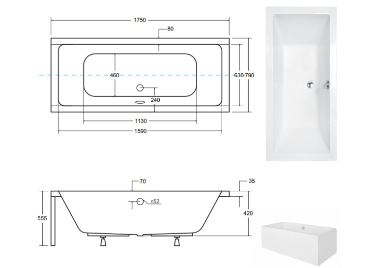 Ванна акрилова прямокутна BESCO QUADRO 175х80 см 00000011333