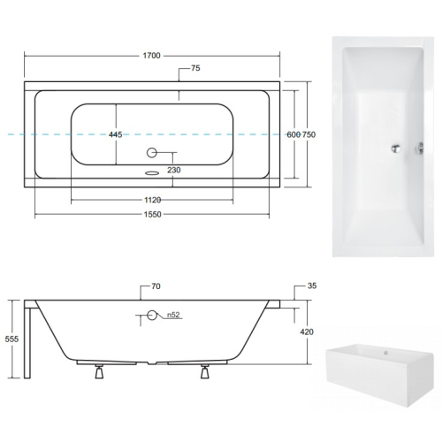 Ванна акрилова прямокутна BESCO QUADRO 170х75 см 00000013447