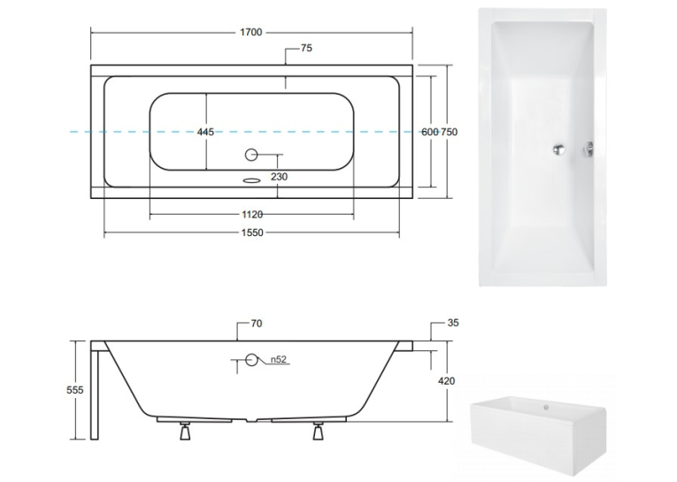 Ванна акрилова прямокутна BESCO QUADRO 170х75 см 00000013447