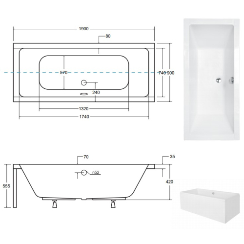 Ванна акрилова прямокутна BESCO QUADRO 190х90 см