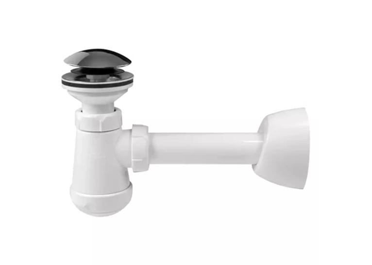 Сифон для раковины колбовой Devit DEV002786 с донным клапаном click-clack, белый, накладка хром, выпуск d32, 560489