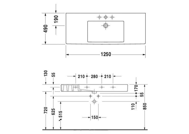 Раковина прямоугольная мебельная/подвесная Duravit Vero 125x49 см, с отверстием для смесителя, с переливом, белый 0329120000
