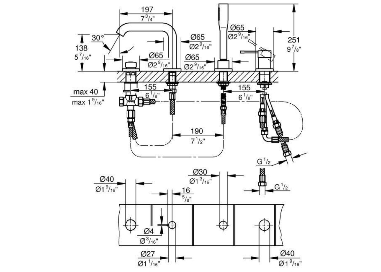 Смеситель однорычажный для ванны на 4 отверстия Grohe ESSENCE NEW (Уцененная позиция), 19578001