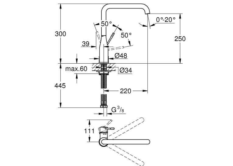 Grohe Змішувач для кухні Essence, довжина виливу - 220мм, поворотний, 1важіль, 30269AL0 Графіт матовий