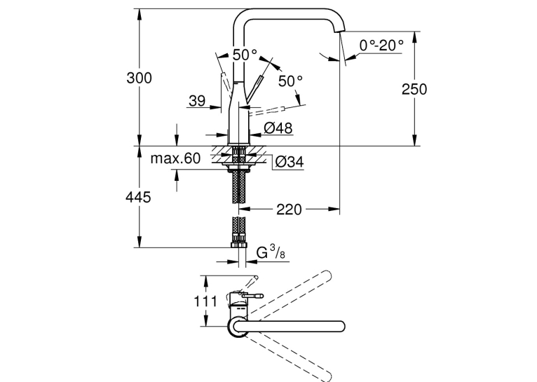 Grohe Змішувач для кухні Essence, довжина виливу - 220мм, поворотний, 1важіль, 30269AL0 Графіт матовий