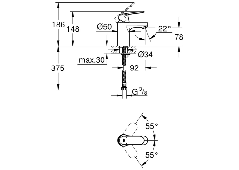 Смеситель однорычажный для раковины DN 15 S-Size Grohe EUROSMART Cosmopolitan, хром