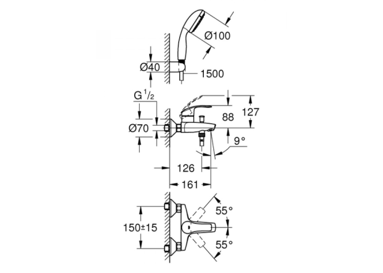 Змішувач для ванни Grohe Eurosmart з душовим гарнітуром, 3330220A