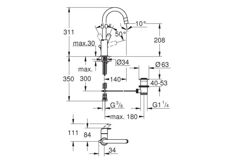 Однорычажный смеситель для раковины Grohe Eurosmart, L-Size, 23537002