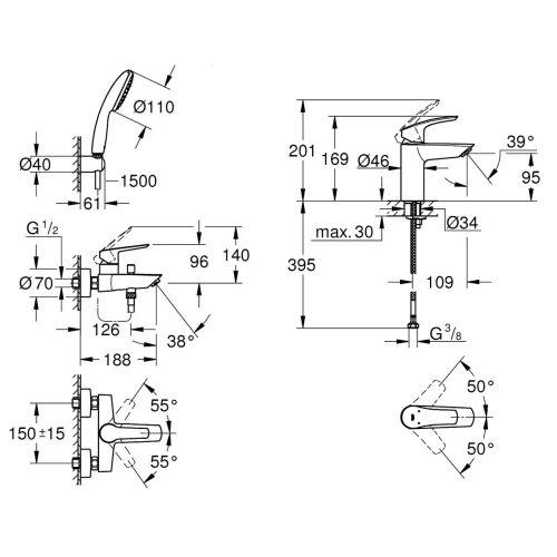 Комплект змішувачів для ванної кімнати 3 в 1 Grohe Eurosmart S UA123302S0