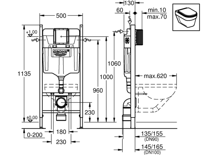 Комплект: Інсталяція GROHE Rapid SL 3884000G з панеллю зливу Skate Cosmopolitan 38732000 + унітаз DEVIT Linea 3040120 Rimless з сидінням Soft Close дюропласт, 3884000G+38732000+487356