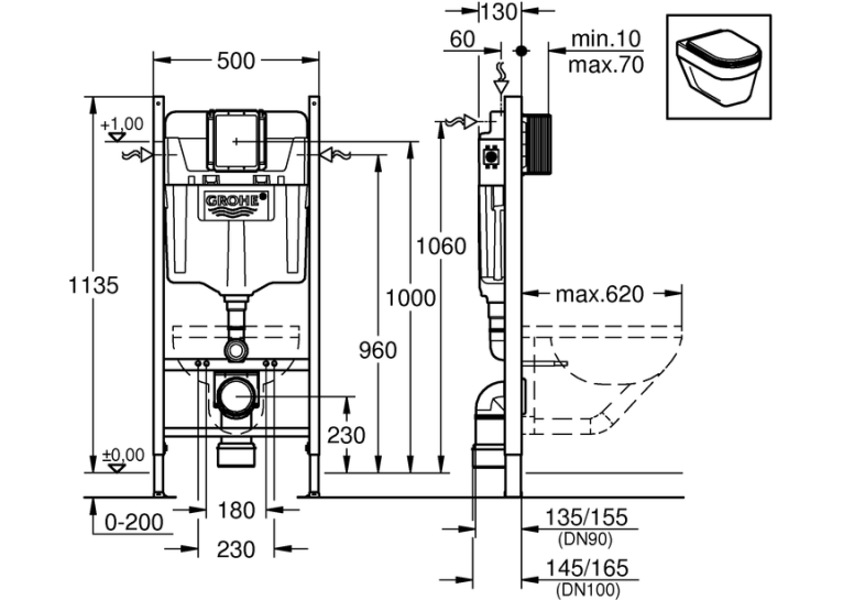 Комплект: Інсталяція GROHE Rapid SL 3884000G з панеллю зливу Skate Cosmopolitan 38732000 + унітаз DEVIT Linea 3040120 Rimless з сидінням Soft Close дюропласт, 3884000G+38732000+487356