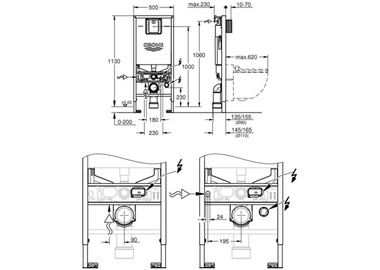 Комплект Grohe QuickFix Sensia 4-в-1: інсталяція Rapid SLX (39596000) з вбудованою розеткою + підвісний унітаз-біде Sensia (36507SH0) з комплектом шумоізоляції (37131000), 36509SH0