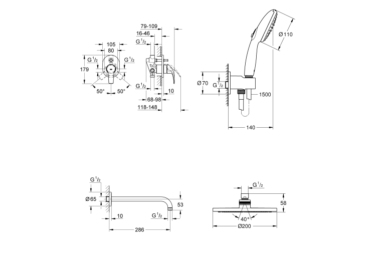 Душова система прихованого монтажу зі змішувачем Grohe BauCurve з New Tempesta 200 UA29043003