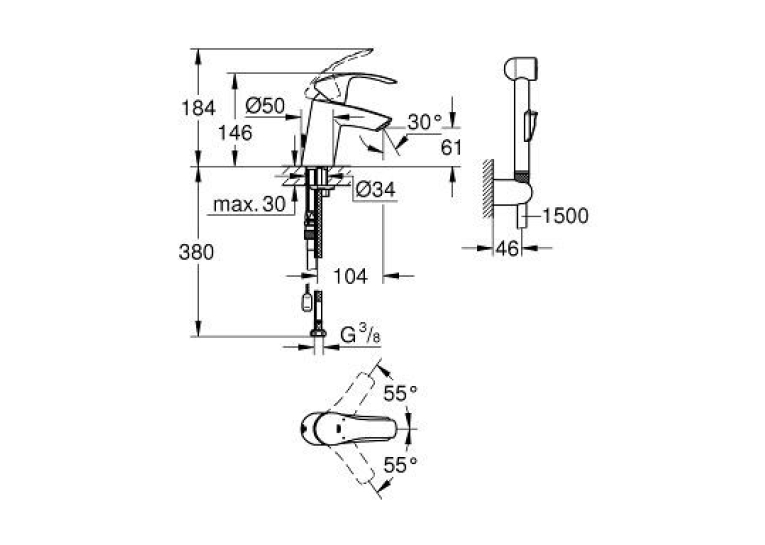 Змішувач одноважільний для раковини Grohe Eurosmart з гігієнічним душем, 23124002