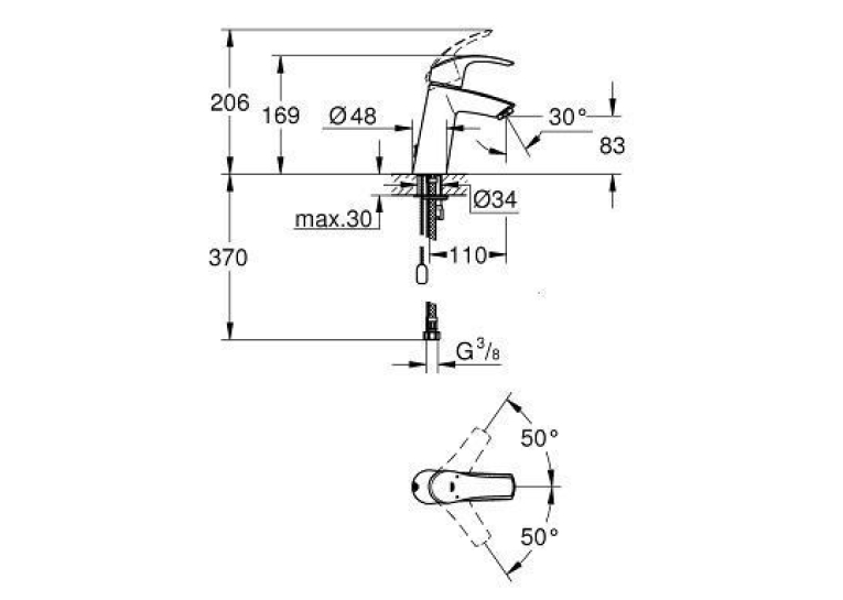 Смеситель однорычажный для раковины с цепочкой Grohe Eurosmart, M-Size , 23323001