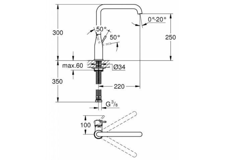 Grohe Змішувач для кухні Essence, дл.зливу - 220мм, поворотний, 1важіль, 30269DA0 Бронза