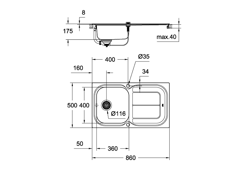 Кухонная мойка Grohe EX Sink K300 + смеситель Eurosmart (31565SD0) Сталь
