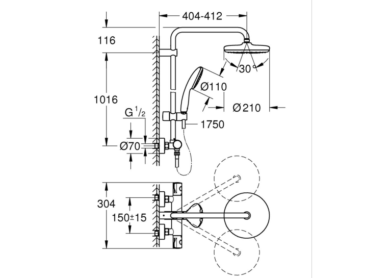 Душевая система с термостатом для настенного монтажа Grohe Tempesta System 210 (26811001)