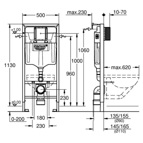 Инсталляция Grohe Rapid SL 38536001 с клавишей Skate Cosmopolitan (38732000) + подвесной унитаз Euro 102485SH00 с крышкой (102500SH00), UA38102SH0