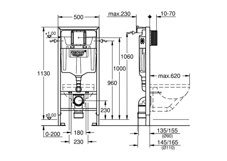 Комплект Solido 5-в-1: инсталляция Grohe Rapid SL 38536001 с клавишей Skate Cosmopolitan (38732000) + подвесной унитаз Euro 102485SH00 с крышкой (102500SH00), UA38102SH0