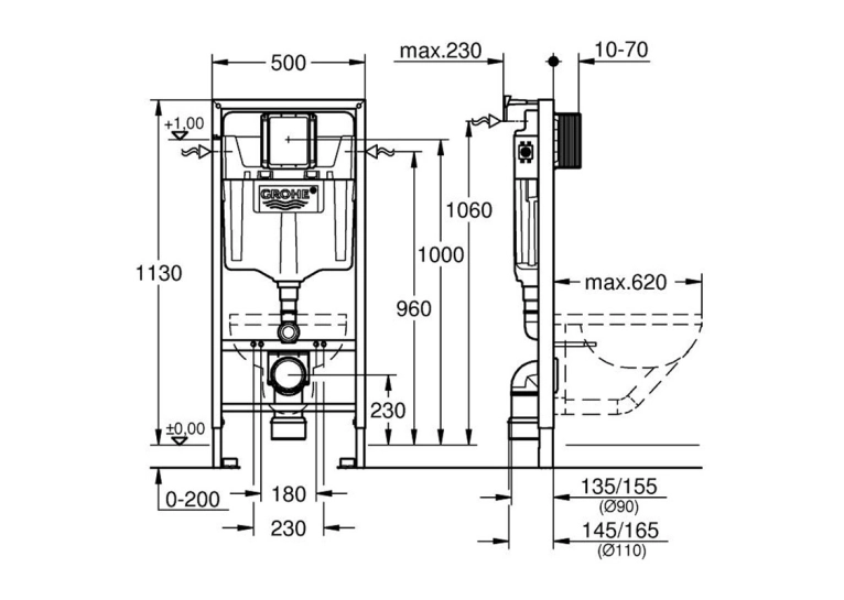 Комплект Solido 5-в-1: инсталляция Grohe Rapid SL 38536001 с клавишей Skate Cosmopolitan (38732000) + подвесной унитаз Bau Edge 106740SH00), UA38106SH0