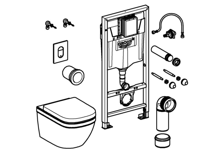 Комплект Solido 5-в-1: інсталяція Grohe Rapid SL 38528001 з клавішею Arena Cosmopolitan (38844000) + підвісний унітаз Euro Ceramic 39328000 з кришкою (39330000), 36501000