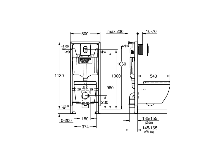 Комплект Solido 5-в-1: інсталяція Grohe Rapid SL 38528001 з клавішею Arena Cosmopolitan (38844000) + підвісний унітаз Euro Ceramic 39328000 з кришкою  39536000