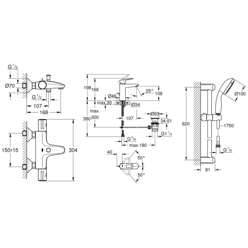 Набор смесителей для ванной GROHE BauLoop + Grohtherm 34550TM