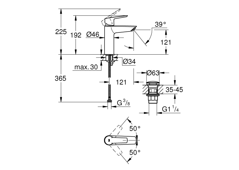 Одноважільний змішувач для раковини Grohe QuickFix Start M-Size + нажимний донний клапан 235752432