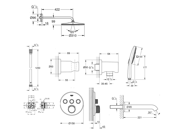 Душевая система скрытого монтажа с изливом Grohe Grohtherm SmartControl KIT34863AL0UA Графит матовый