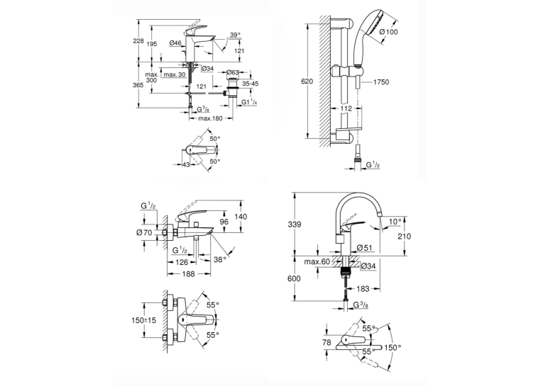 Комплект смесителей для ванны + смеситель для кухни Grohe Eurosmart New UA123248UH