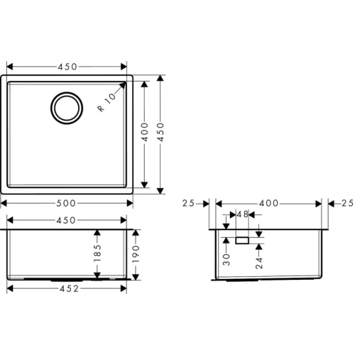Кухонная мойка Hansgrohe S719-U450 под столешницу 500х450 Stainless Steel 43426800