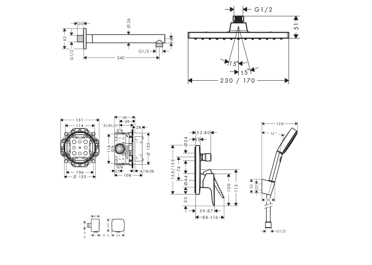 Душовий комплект Hansgrohe Talis E 6в1 Black Matt 26281670+26405670+24302670+71745670+01800180+26457670