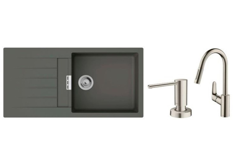 Кухонный комплект мойка со смесителем + дозатор Hansgrohe S520-F480 + Смеситель Hansgrohe Focus M41, серый камень-сталь 43358400